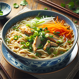 A beautifully presented bowl of traditional Chinese noodles. 
                                The bowl is a classic porcelain design with intricate blue patterns. It is filled with steaming hot noodles, topped with sliced green onions, 
                                julienned carrots, and tender pieces of chicken. The broth is clear and garnished with fresh herbs like cilantro. The setting includes a pair 
                                of chopsticks resting on a chopstick holder next to the bowl, and the background is a simple, elegant wooden table, 
                                highlighting the focus on the delicious bowl of noodles.